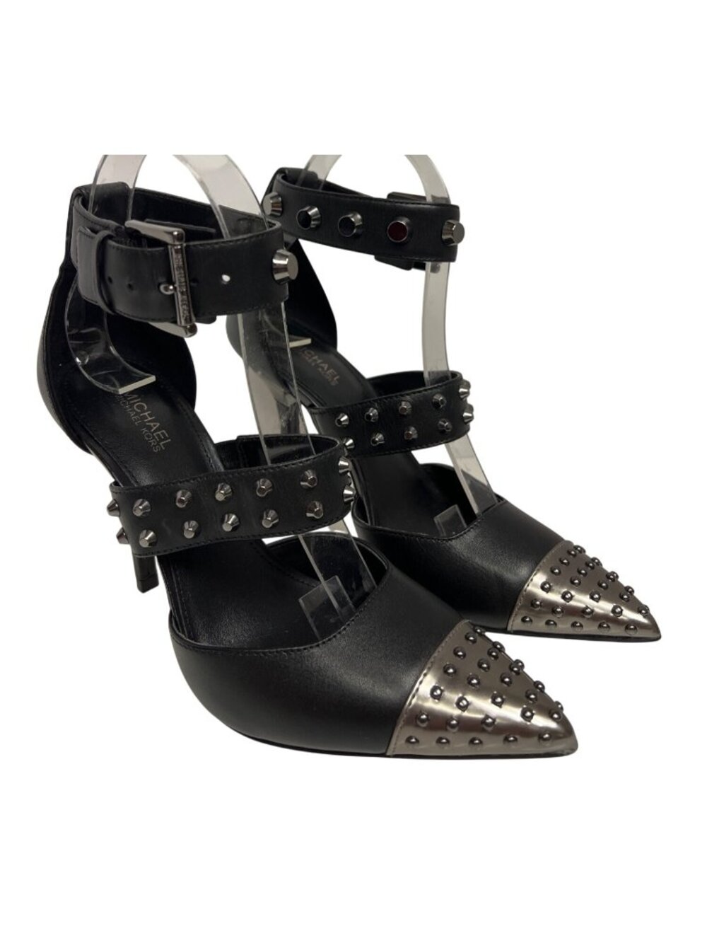 Michael Kors Amal Studded Ankle Strap Pumps Black Silver Pointed Toe Size 6 NWOB
